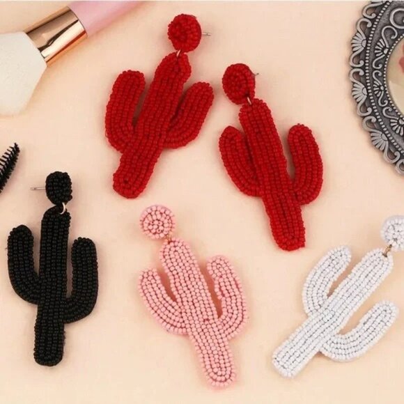 Cactus Glass Bead Pink Statement Desert Plant Southwestern Dangle Party Earring - Picture 3 of 5